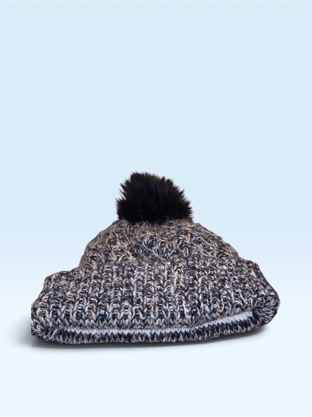 Pom-Pom Knit Beanie Hat - Black/Grey